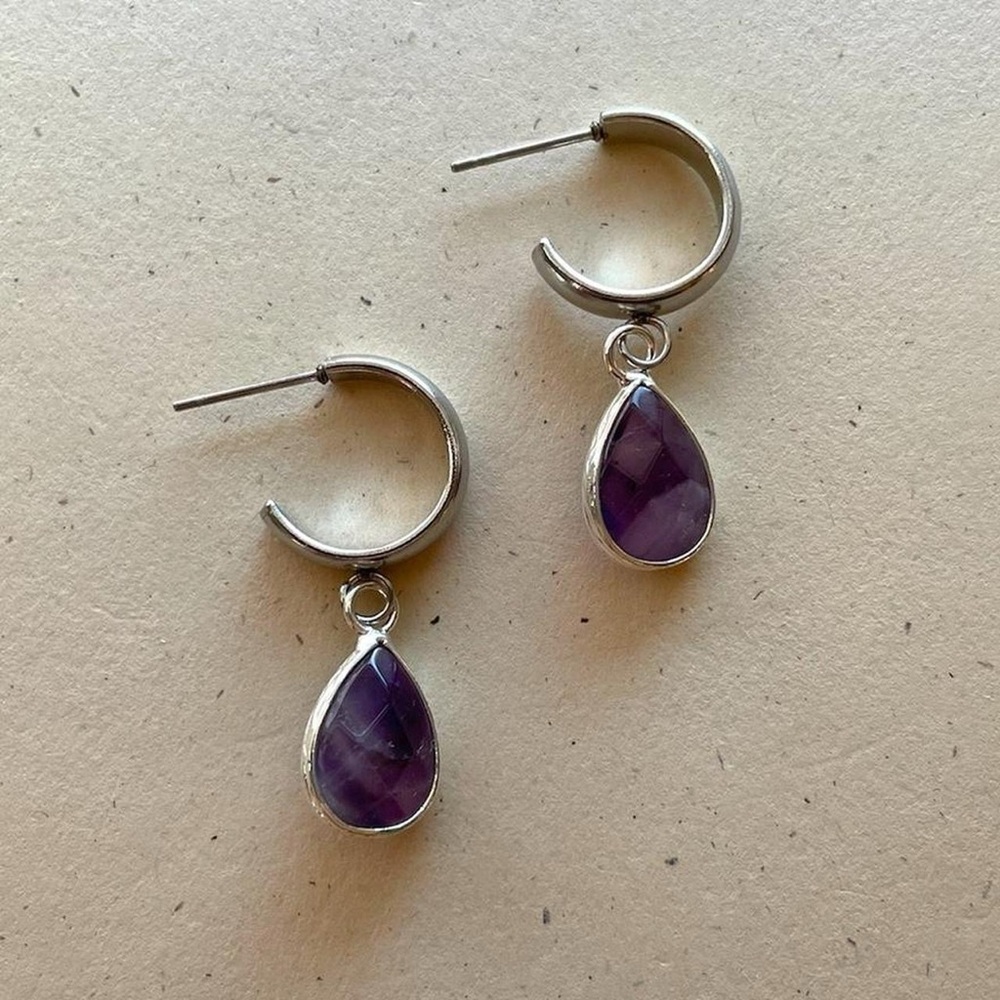 Silver Amethyst Gemstone Teardrop Hoops